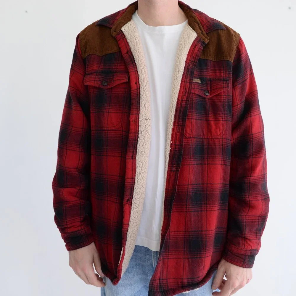 Field And Stream Navy & Red  Teddy Bear Lined Corduroy Patches Button Up Shacket